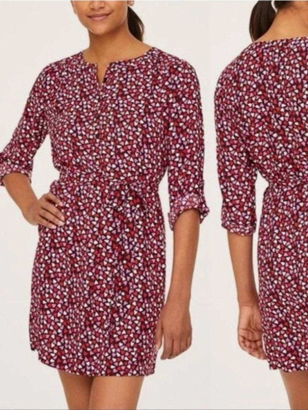 The Loft Hearts on Hearts Belted Roll Sleeve Pink/Red Shirt Dress Size 2P